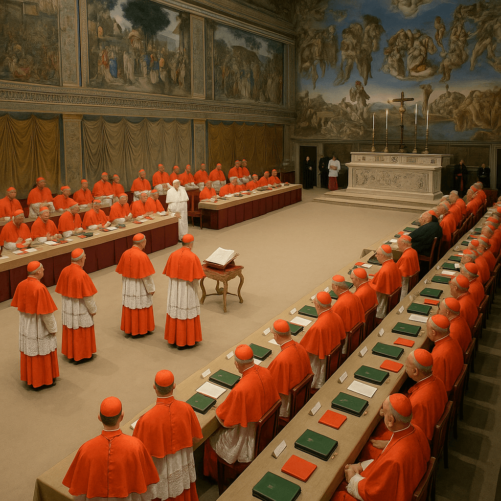 Cardeais reunidos na Capela Sistina durante o conclave para eleger o novo Papa