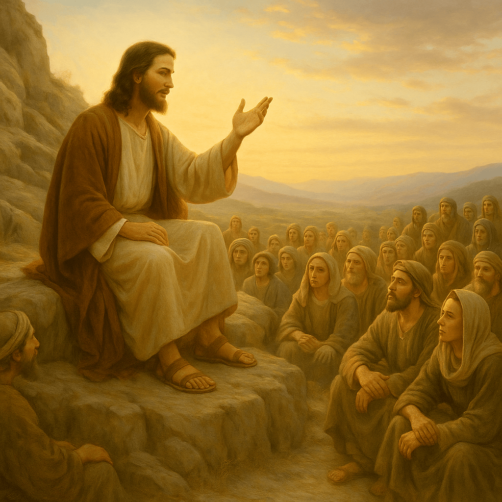 Jesus pregando no monte ao entardecer, ilustrando o ensinamento da oração do Pai Nosso.