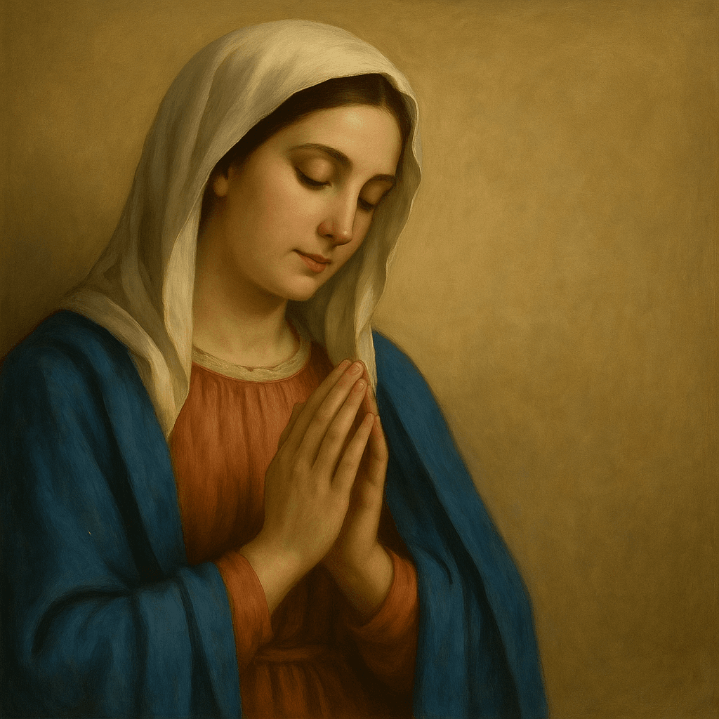 Maria em oração com as mãos unidas, simbolizando a devoção da Ave Maria.