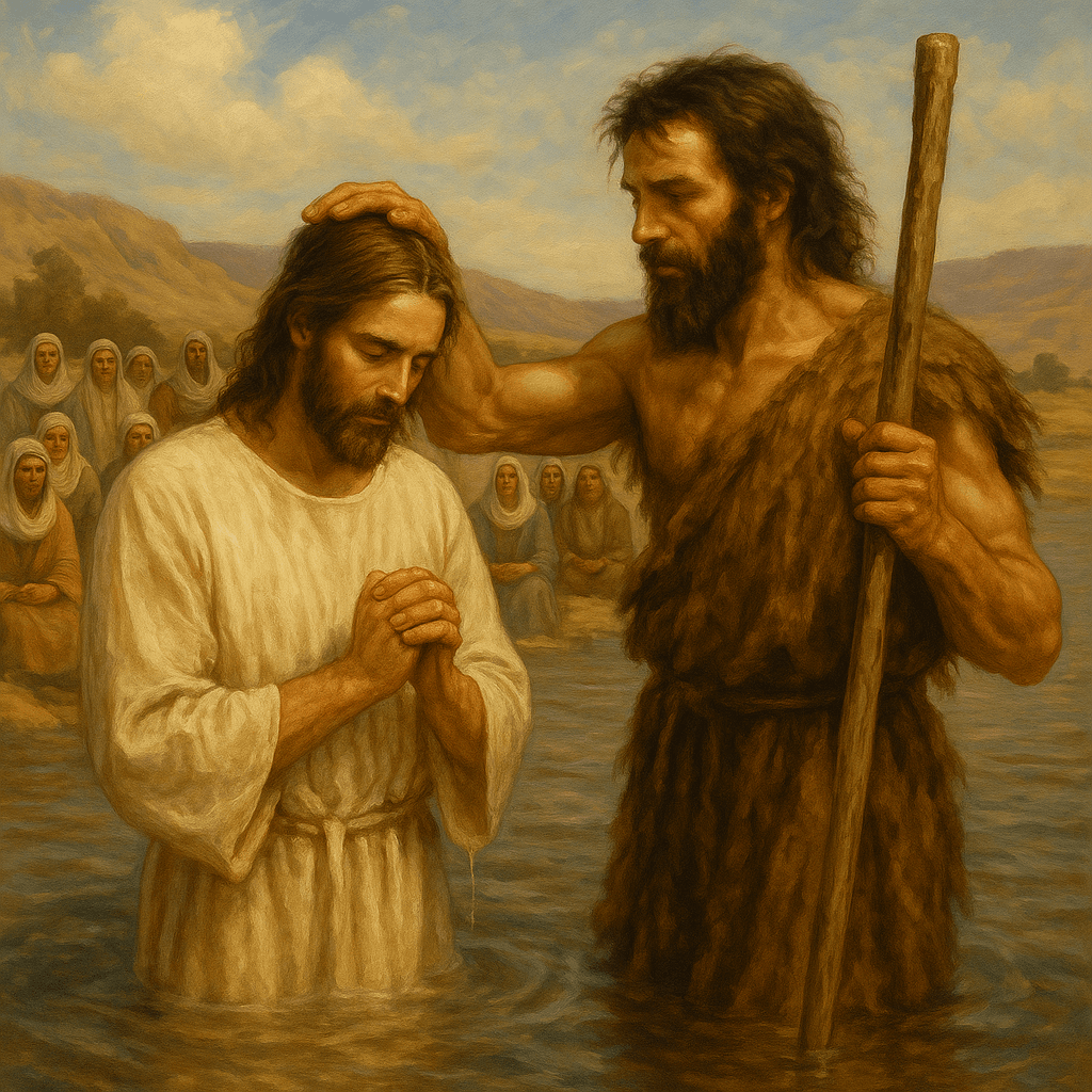 Jesus sendo batizado por São João Batista no Rio Jordão (pintura clássica)